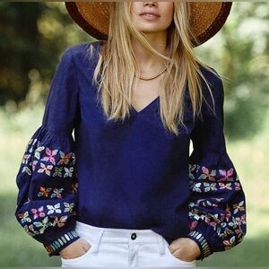 NEW Anthropologie Women’s Maeve Sonja Embroidered Balloon Sleeve Blouse Size 12